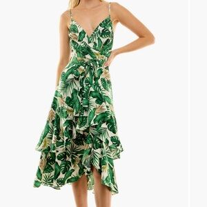 Socialite Ruffle Faux Wrap Palm Leaf Sundress